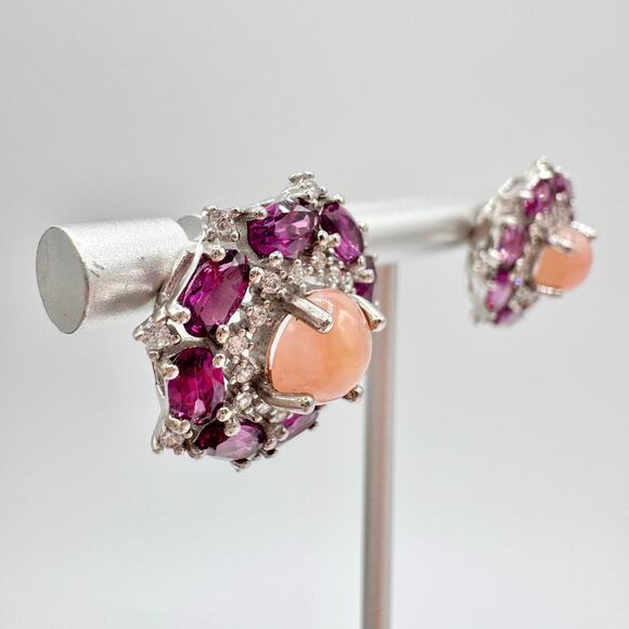 Rodolite Garnet Pink Opal CZ Silver Stud Earrings Tested Opulent Princesscore - Picture 4 of 15